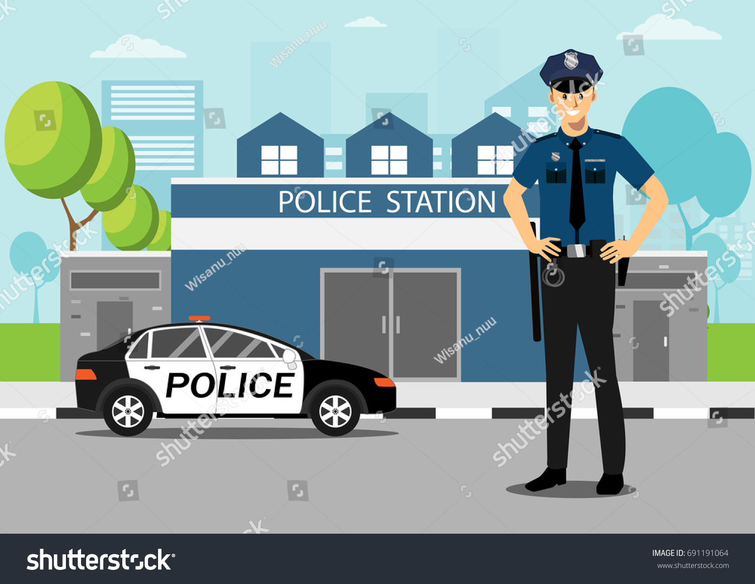 Policeman Police Car Front Police Station Stock Vector 691191064 ...