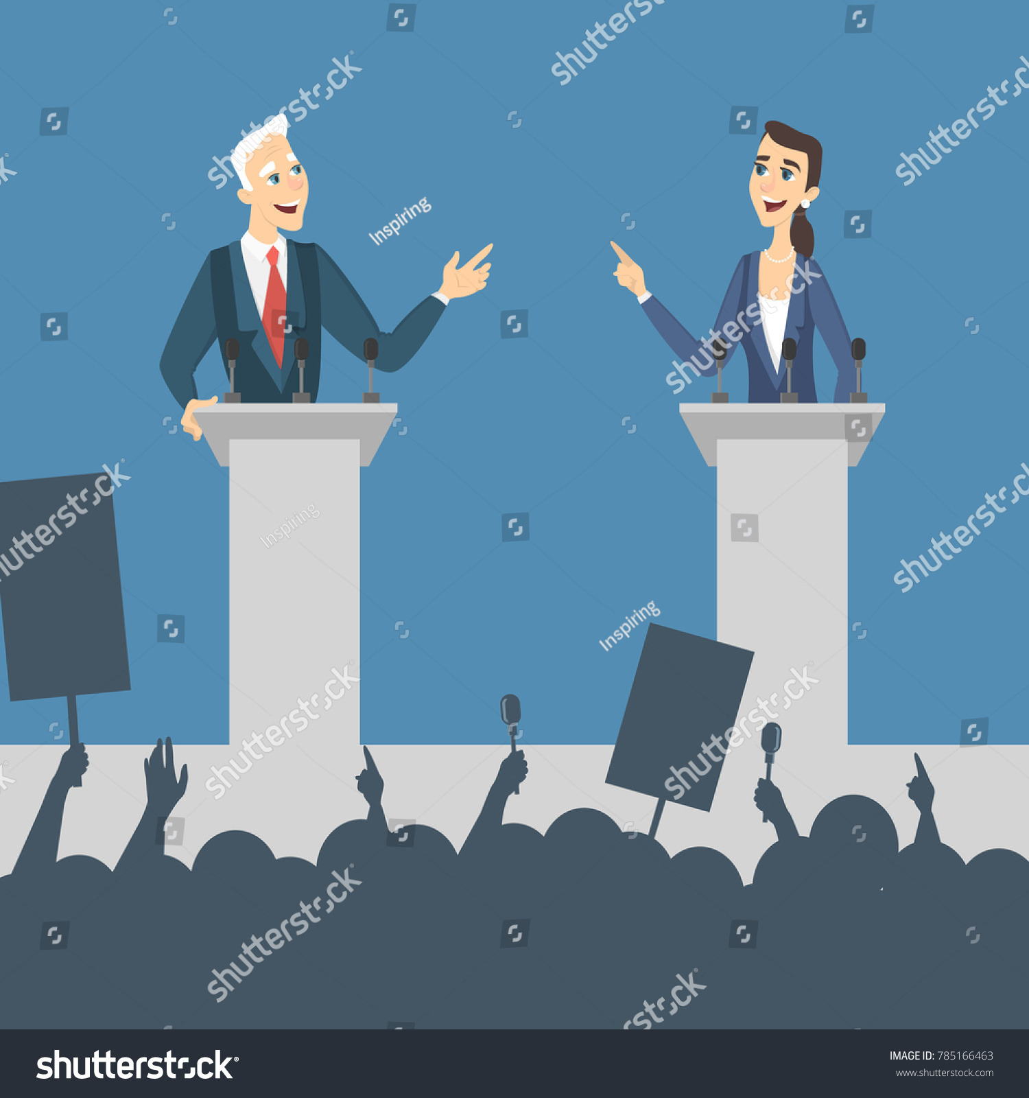 SVG of Political debates illustration. Man and woman politician discussing problems. svg