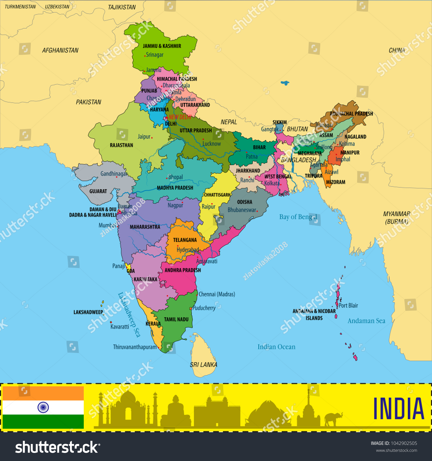 Political Detailed Map India All States Stock Vector (Royalty Free ...