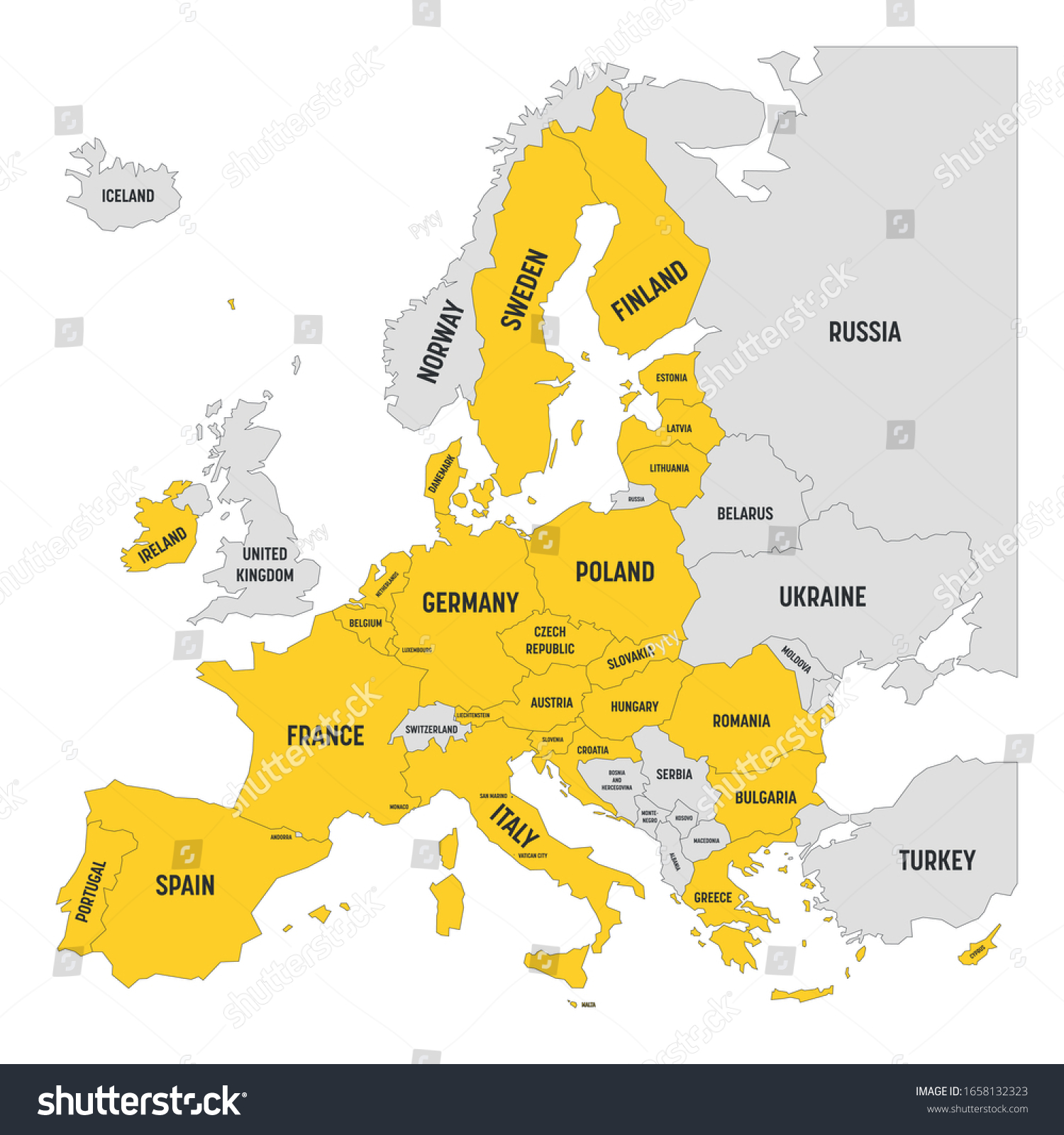 Europe Political Map 2020 Political Map Europe Yellow Highlighted 27 Stock Vector (Royalty Free)  1658132323 | Shutterstock