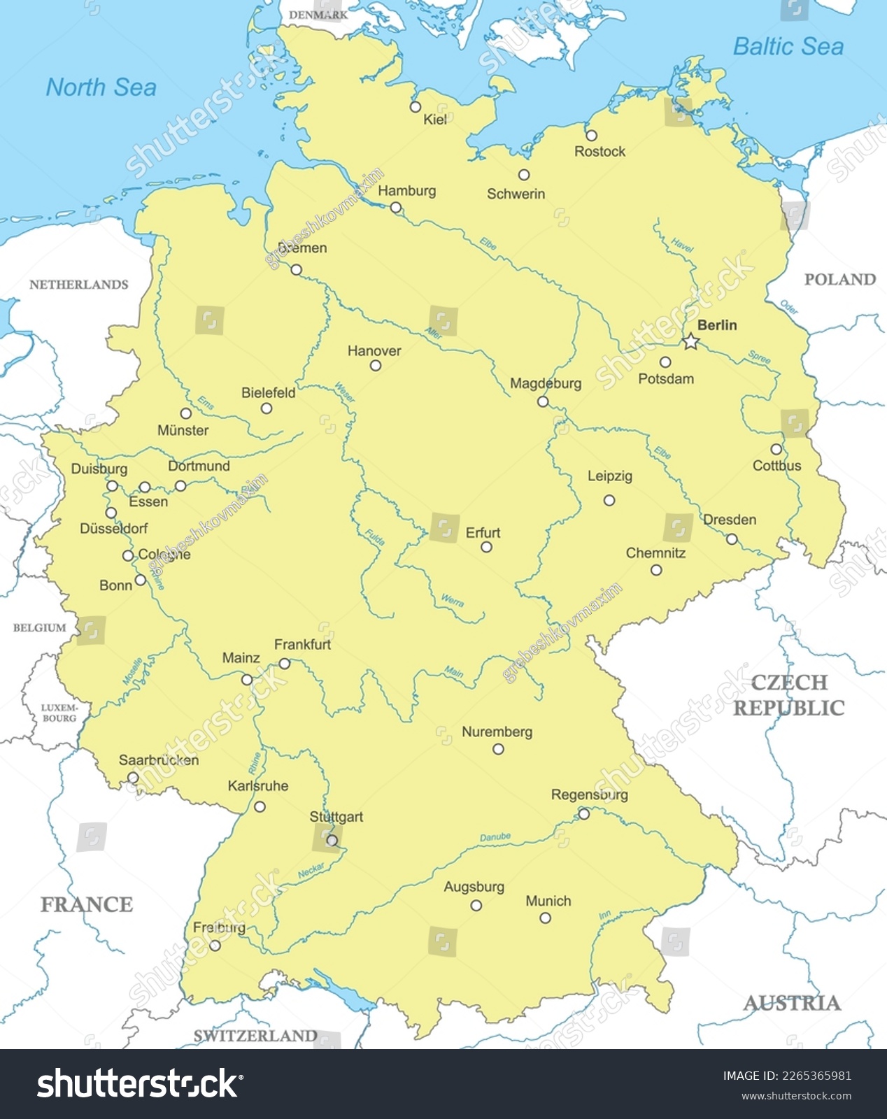 SVG of Political map of Germany with national borders, cities and rivers svg