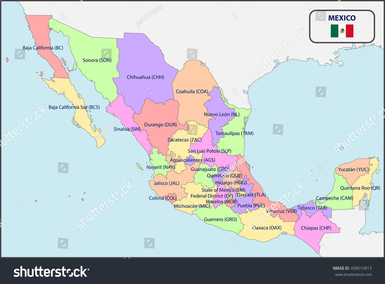 Political Map Mexico Names Stock Vector Royalty Free 439615813