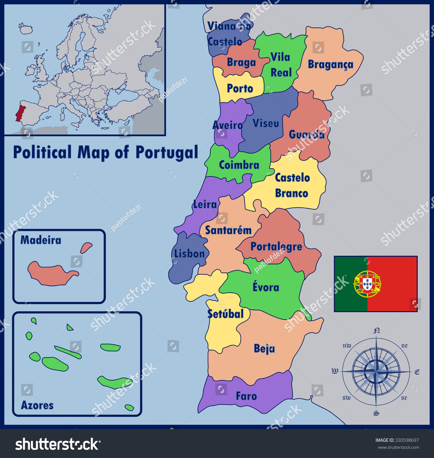 Political Map Portugal Stock Vector Royalty Free 330598697 Shutterstock 6782