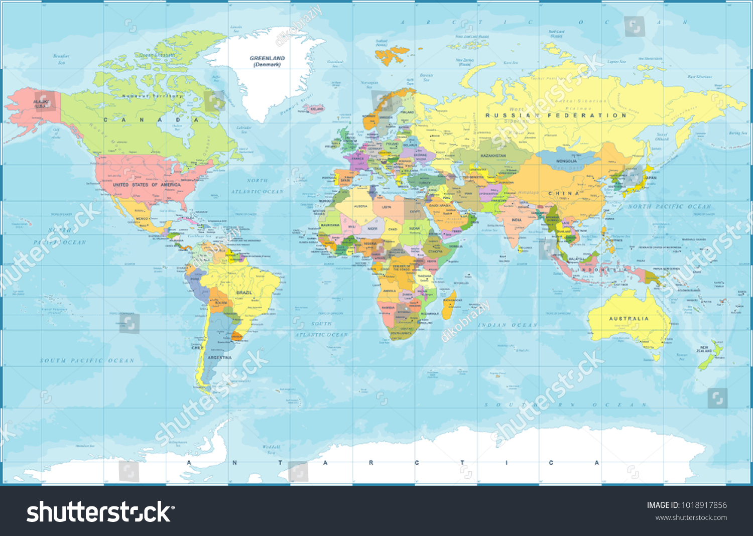 Political Physical Topographic Colored World Map Stock Vector (Royalty ...