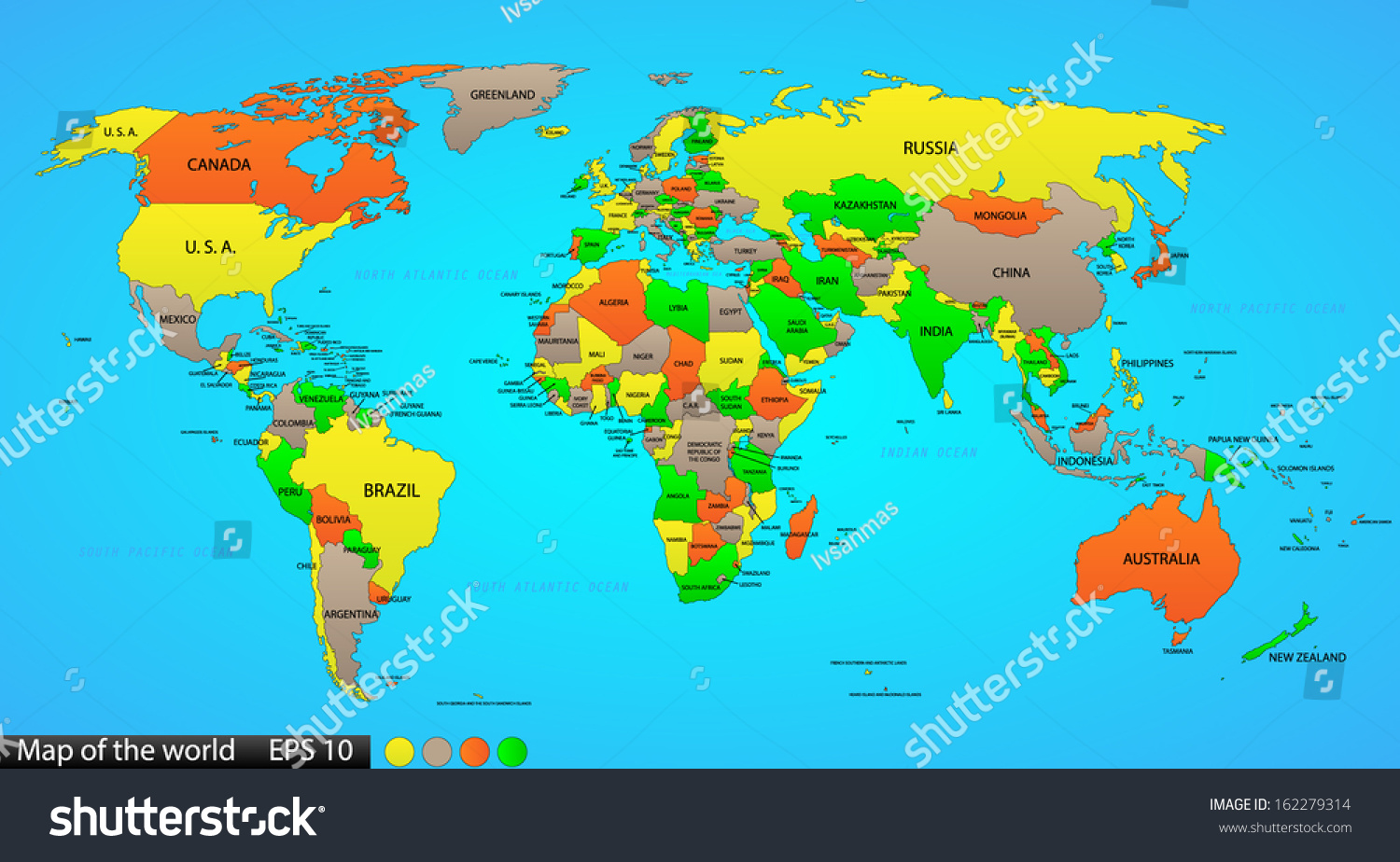 Political World Map On Ocean Blue Stock Vector Royalty Free