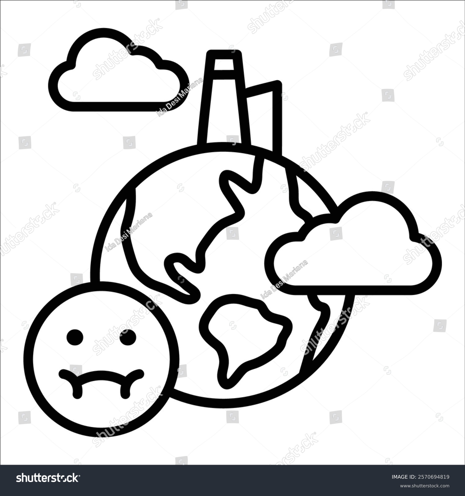 sad earth with pollution, black outline clip art preview