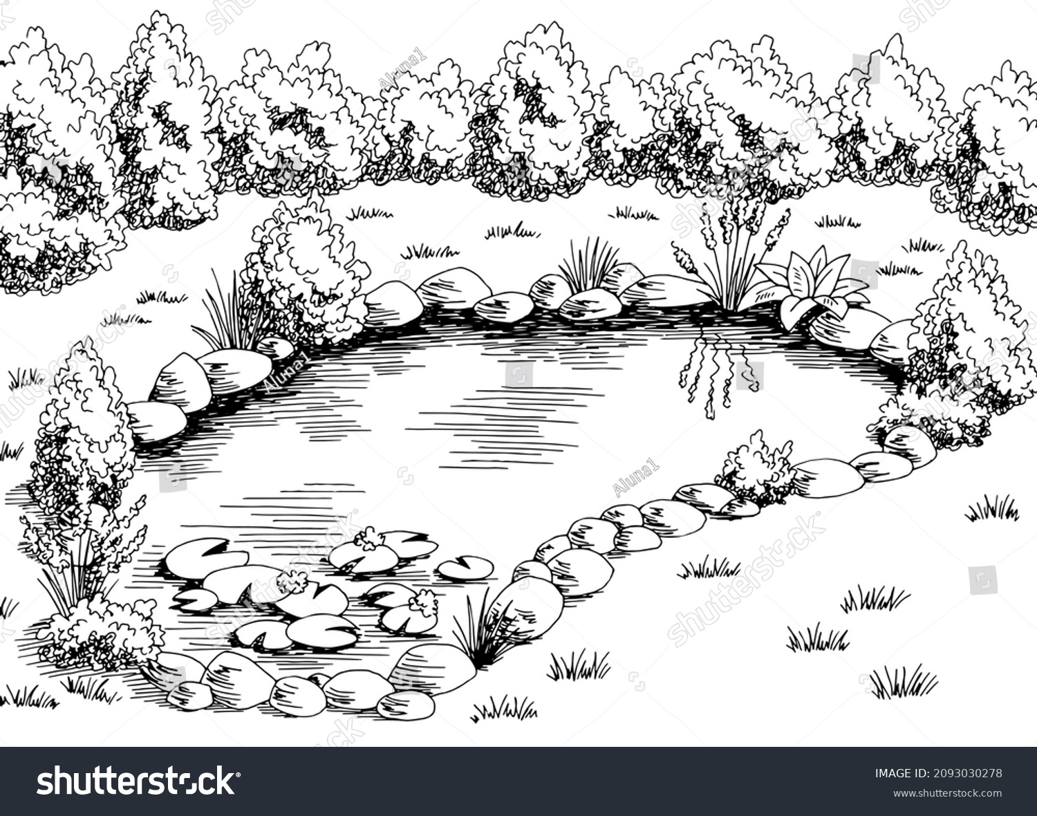 Pond Graphic Black White Landscape Sketch Stock Vector (Royalty Free ...