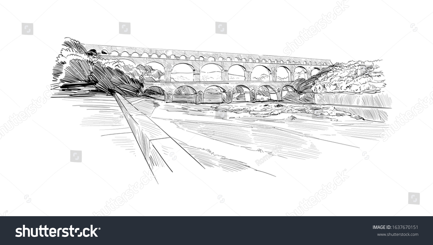 SVG of Pont du gard aqueduct. France. Historic architecture. Hand drawn sketch. Vector illustration. svg