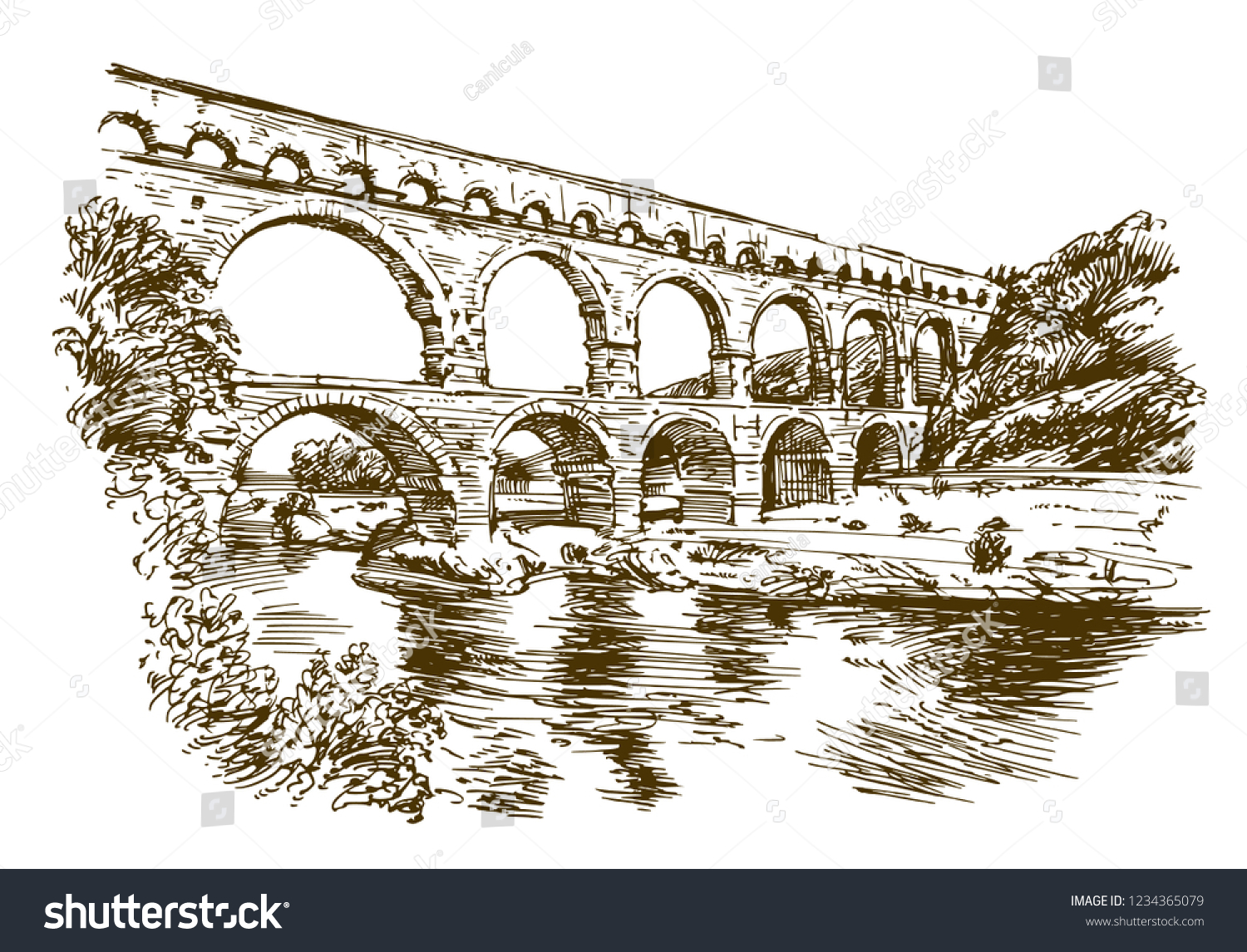 SVG of Pont du Gard, France. Hand drawn illustration. svg