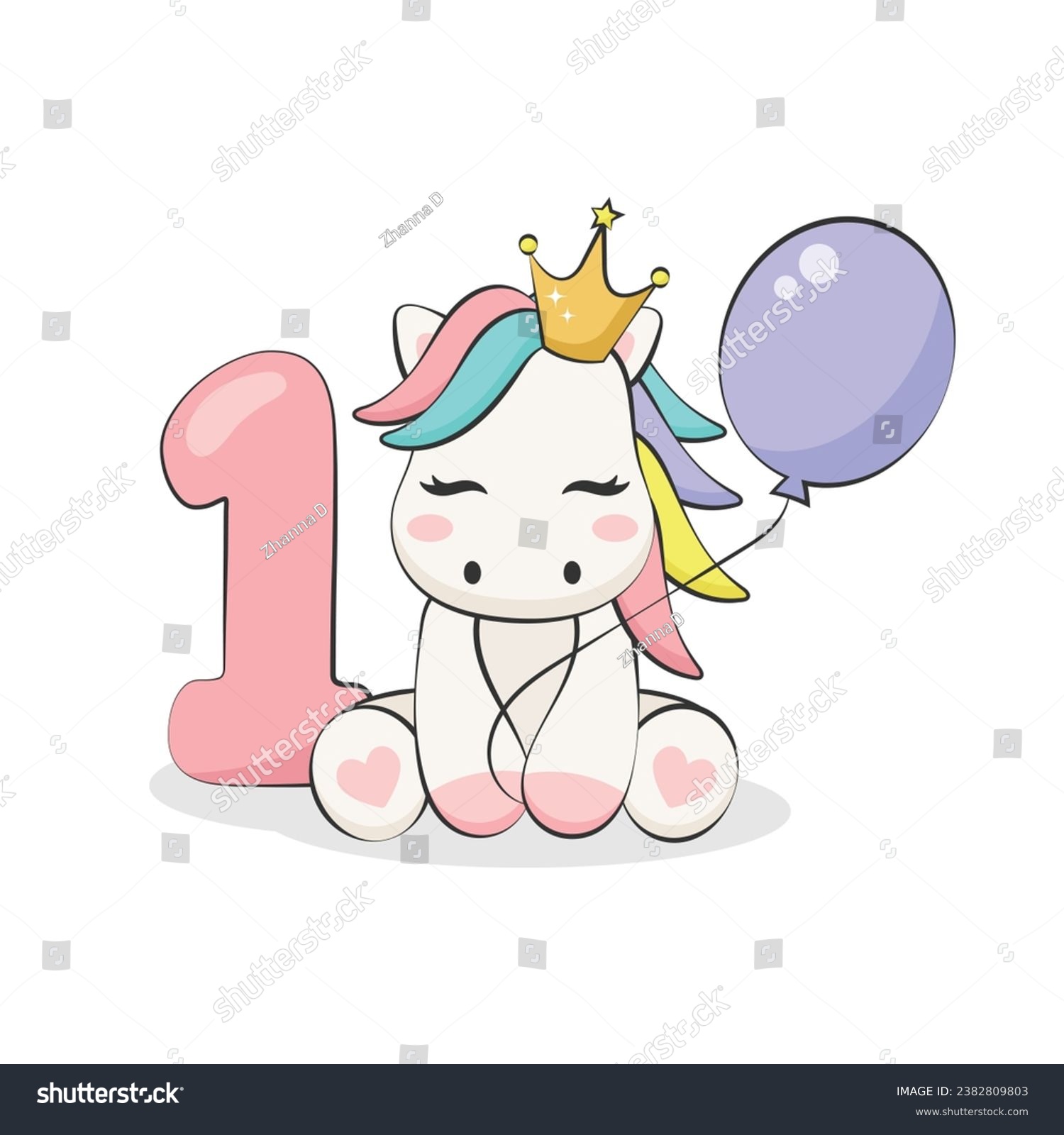 SVG of Pony with balloon and number one isolated on white background. Vector illustration svg
