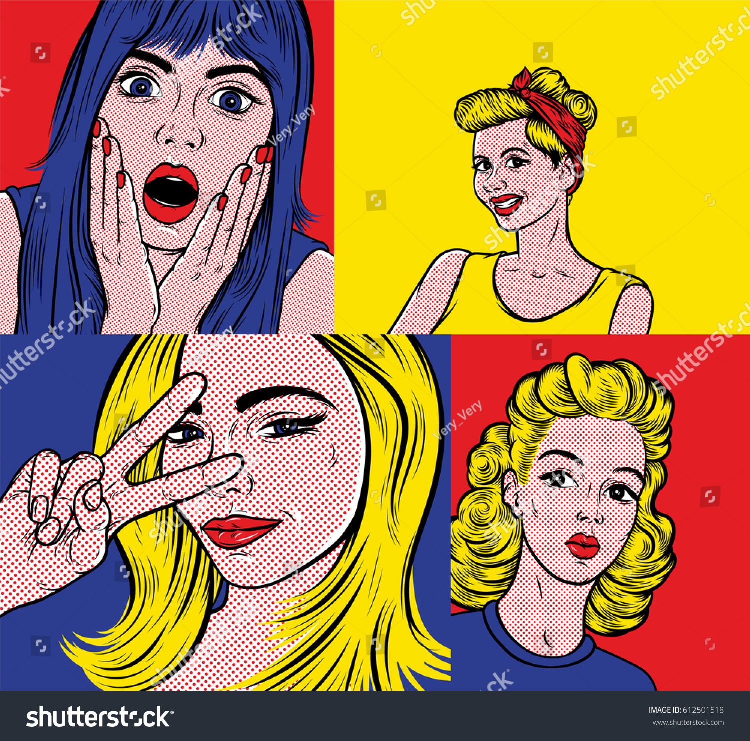 Pop Art Illustrations Set Smiling Young Stock Vector Royalty Free