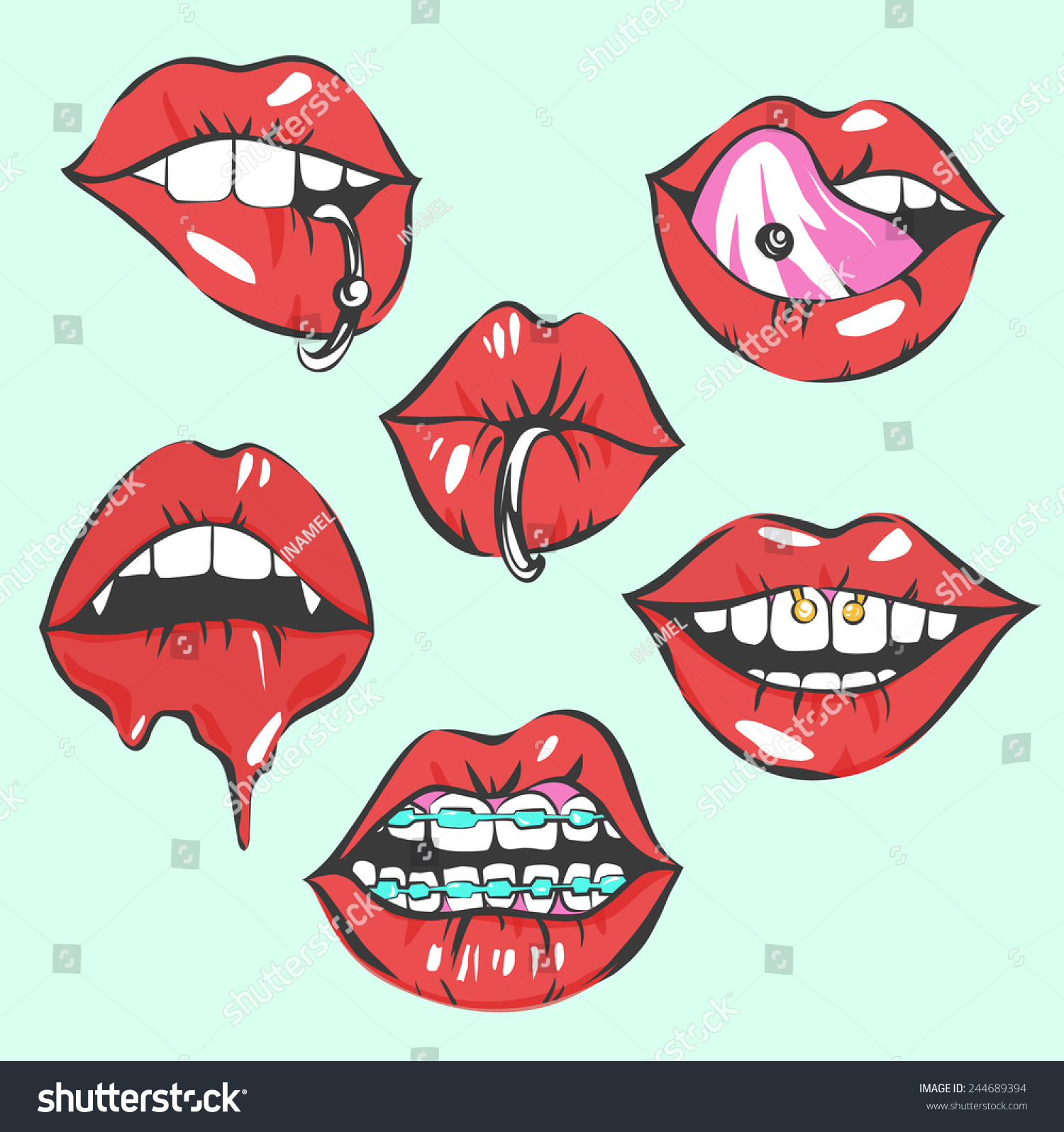 Vektor Stok Pop Art Sexy Lips Piercing Vector Tanpa Royalti 244689394 Shutterstock 