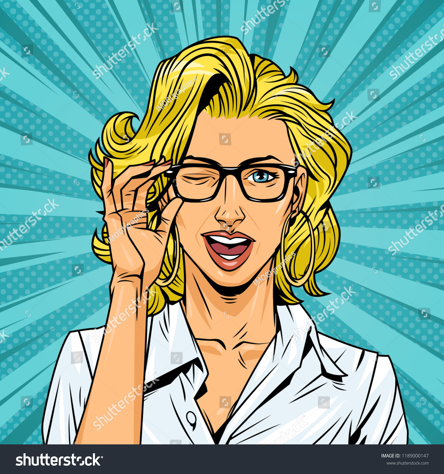 Pop art surprised pretty girl in green dress with eyeglasses on yellow comic background vector illustration