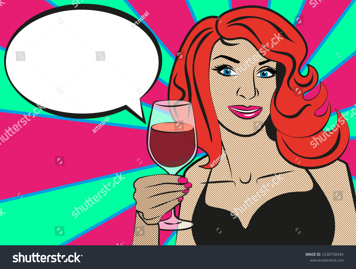 Pop Art Woman Glass Red Wine Stock Vector (Royalty Free) 1230758344