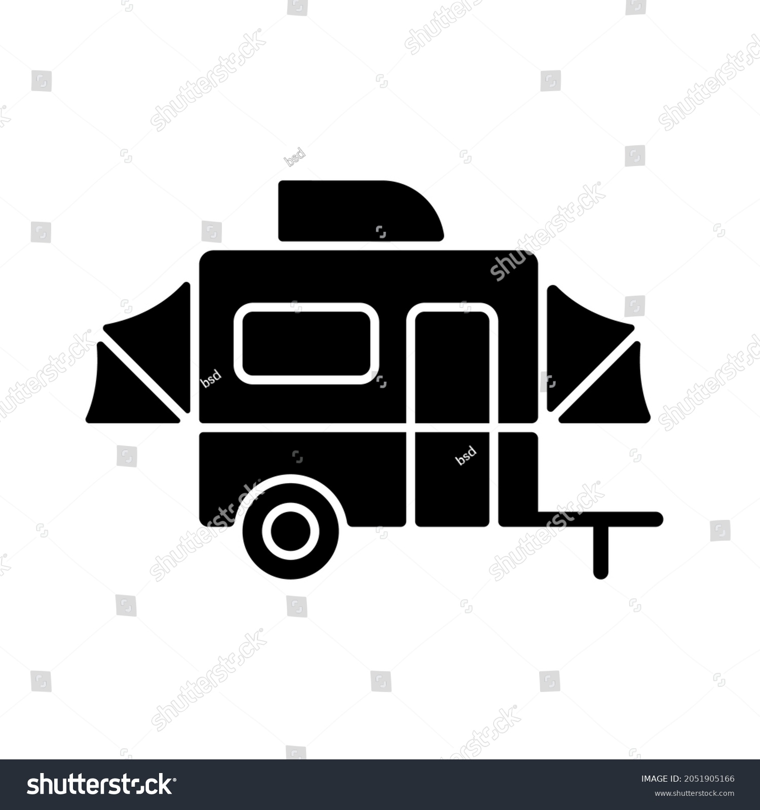 SVG of Pop up camper black glyph icon. Campground for tourist to rest. Recreational vehicle. Roadtrip gear. Nomadic lifestyle. Summer vacation. Silhouette symbol on white space. Vector isolated illustration svg