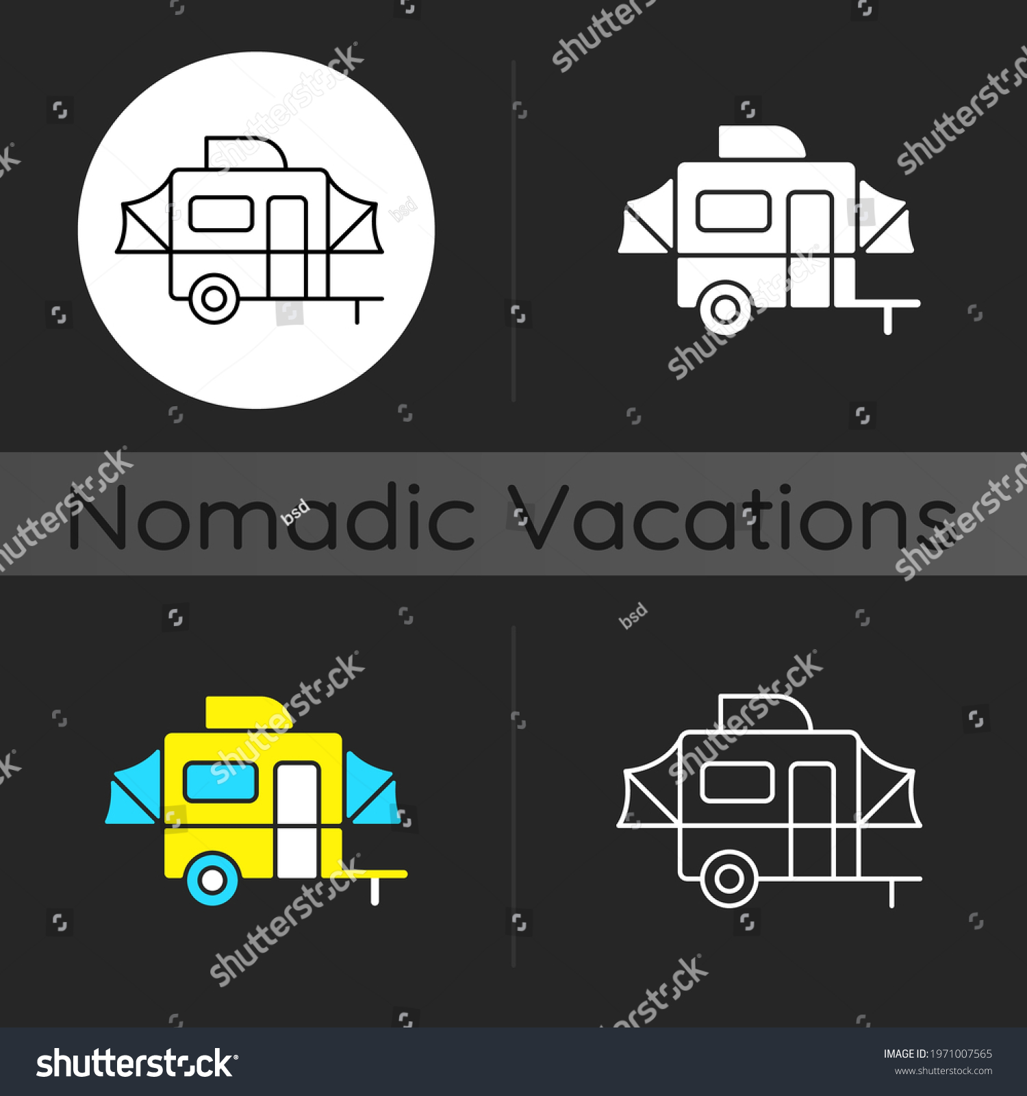SVG of Pop up camper dark theme icon. Campground for tourist to rest. Recreational vehicle. Nomadic lifestyle. Summer vacation. Linear white, simple glyph and RGB color styles. Isolated vector illustrations svg