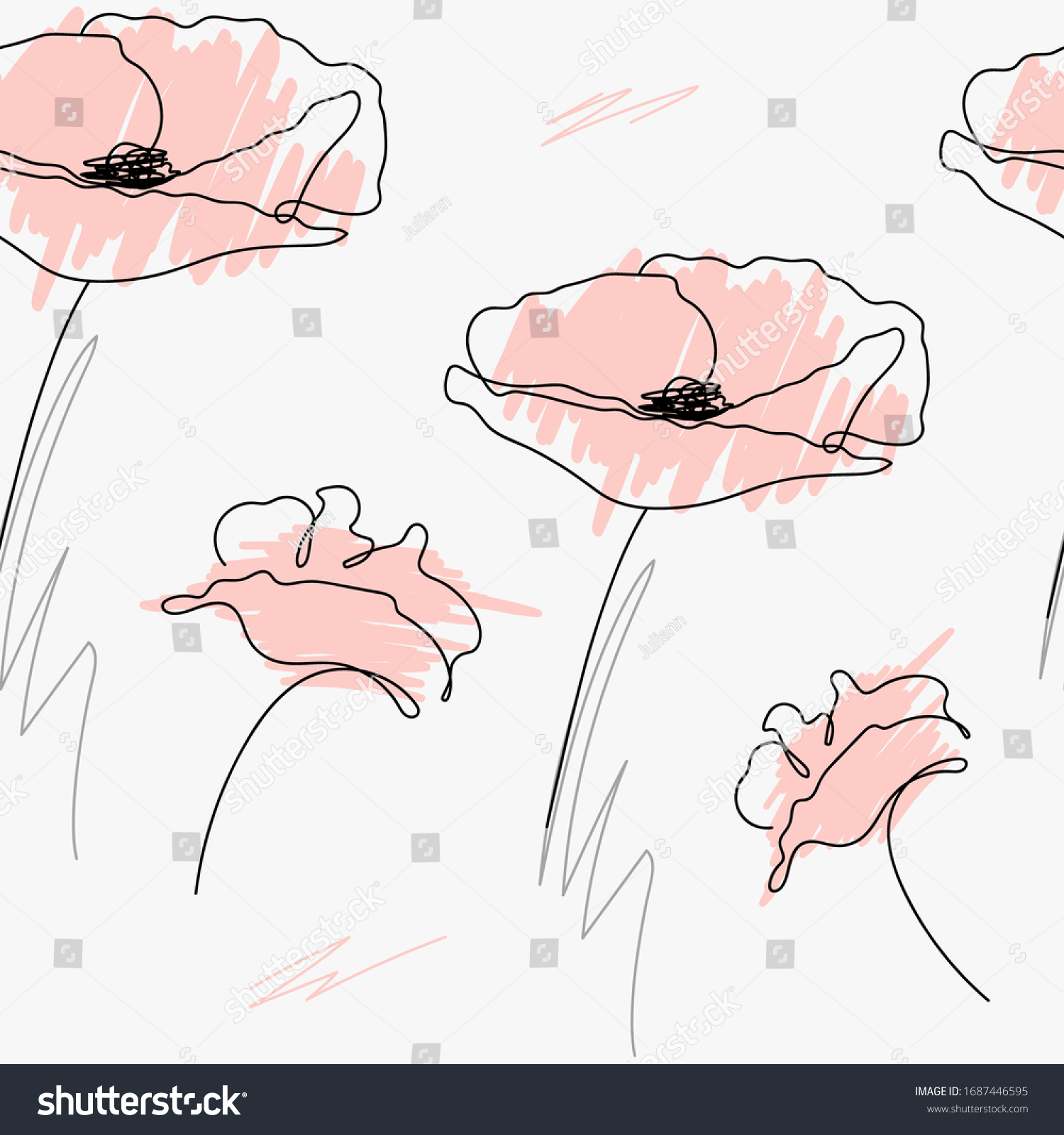 Poppies Continuous Line Drawing Seamless Texture Stock Vector Royalty