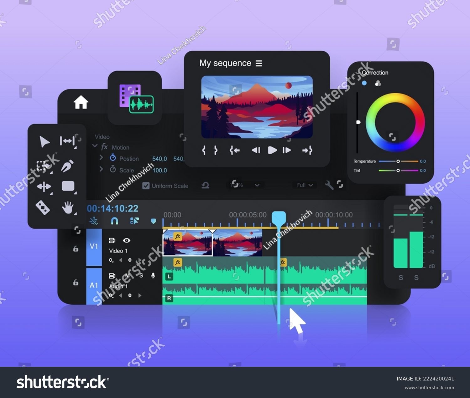 SVG of Popular video editor. Editing a video project. Sound and color adjustment. Video Clip Editing Program Interface svg