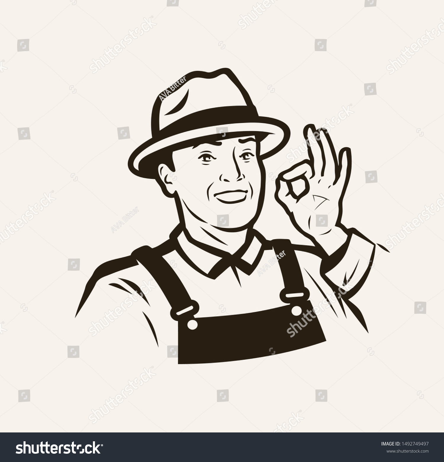 Portrait Cheerful Farmer Hat Sketch Vector Vetor Stock Livre De Direitos 1492749497 