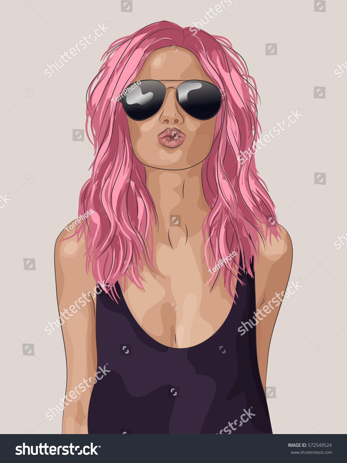 Portrait Fashion Girl Sunglasses Long Pink Stock Vector 