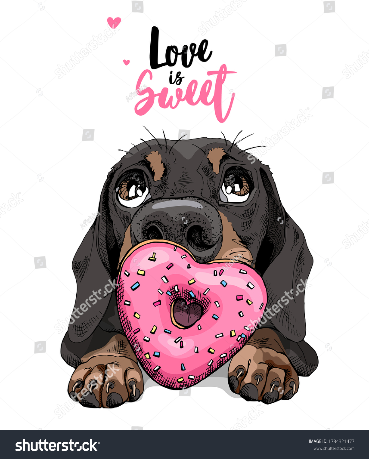 SVG of Portrait of a funny Dachshund dog with pink heart Donut. Love is sweet - lettering quote. Humor card, t-shirt composition, hand drawn style print. Vector illustration. svg