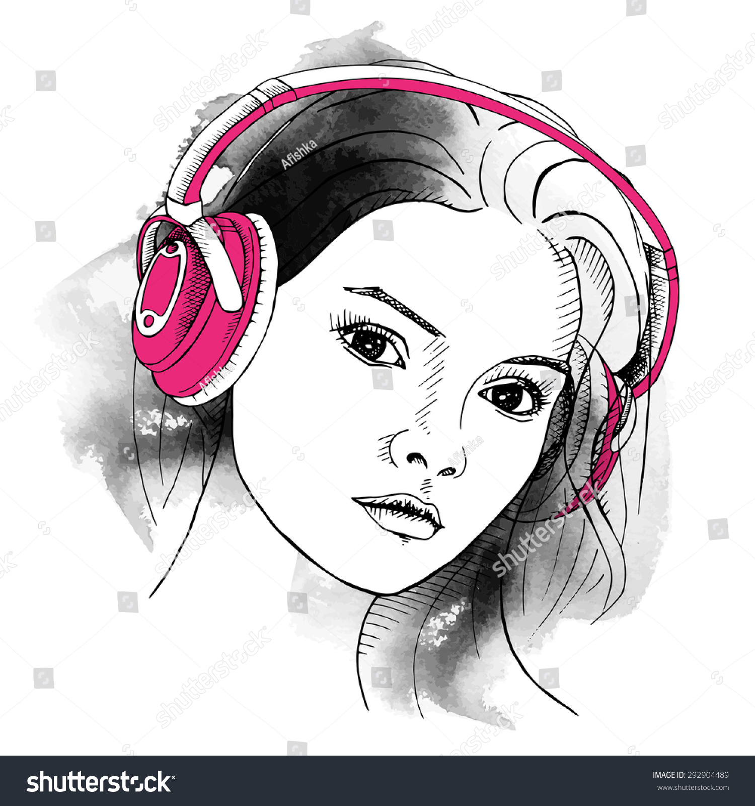 Portrait Girl Wearing Headphones Vector Illustration Stock Vector