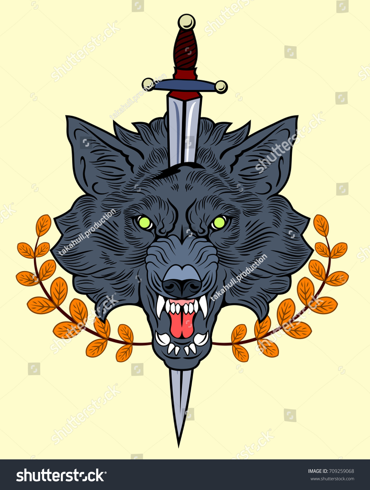 Portrait Of A Grinning Fanged Wolf With A Dagger In His Head Old School Tattoo Style