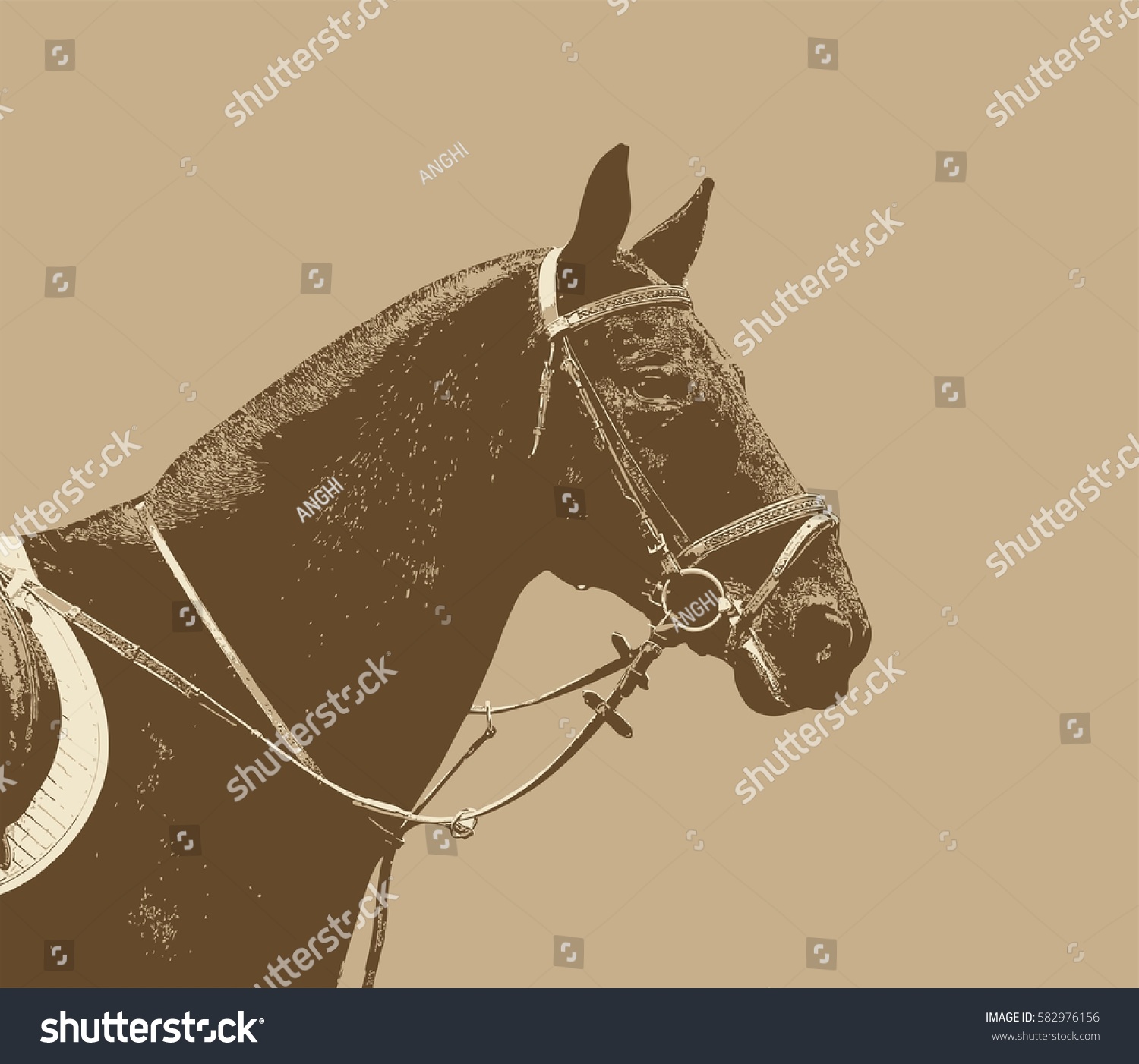 SVG of Portrait of a horse in bridle with a snaffle bit in retro style. Vector isolated on a beige  background. Realistic illustration of a saddled horse svg
