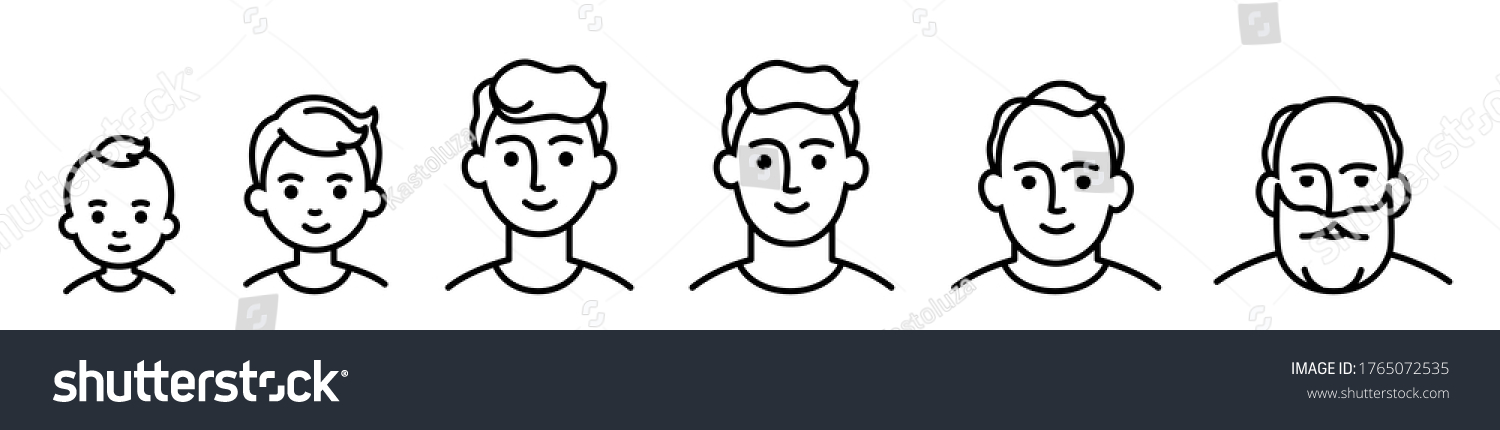 SVG of Portrait of a males at different ages, preschooler kid 1-5 years old, primary school age 6-9, senior school age 10-14, teenager 15-18, young man 19-30, average 40-50, elderly 60-80. black and white icon svg