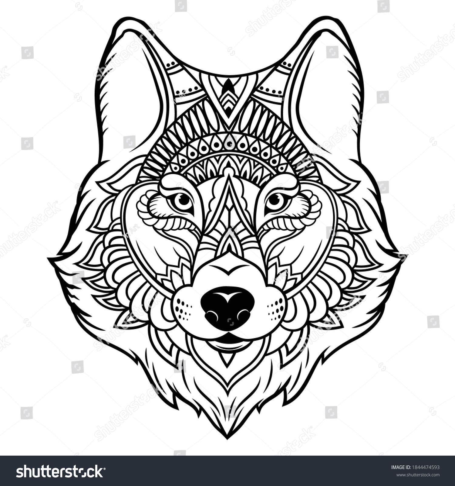 SVG of Portrait of a wolf. Illustration of a zentangle head a dog. Stylized portrait of a wolf. Black and white hand drawn. Indian wolf. Ethnic wild animals. Tattoo. svg