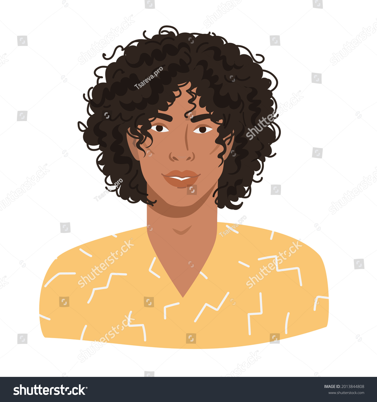 SVG of Portrait of a young handsome guy with afro hairstyle. Latino guy. Avatar of metis smiling man with dark skin in a bright yellow modern outfit. Vector portrait in cartoon style isolated on white svg