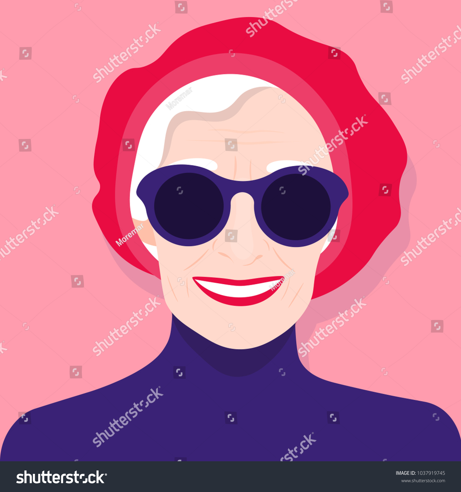 SVG of Portrait of an old woman in a beret and sunglasses. Avatar cheerful pensioner. Vector illustration svg