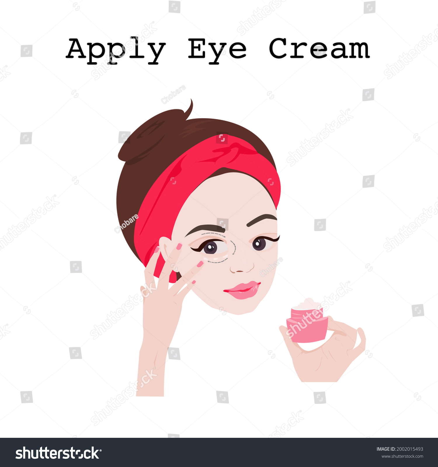 SVG of Portrait of beautiful woman applying eye cream with her right ring finger and her left hand holding a jar of cream.Young cute girl applying moisturizer.Vector flat design concept for beauty ,cosmetic. svg