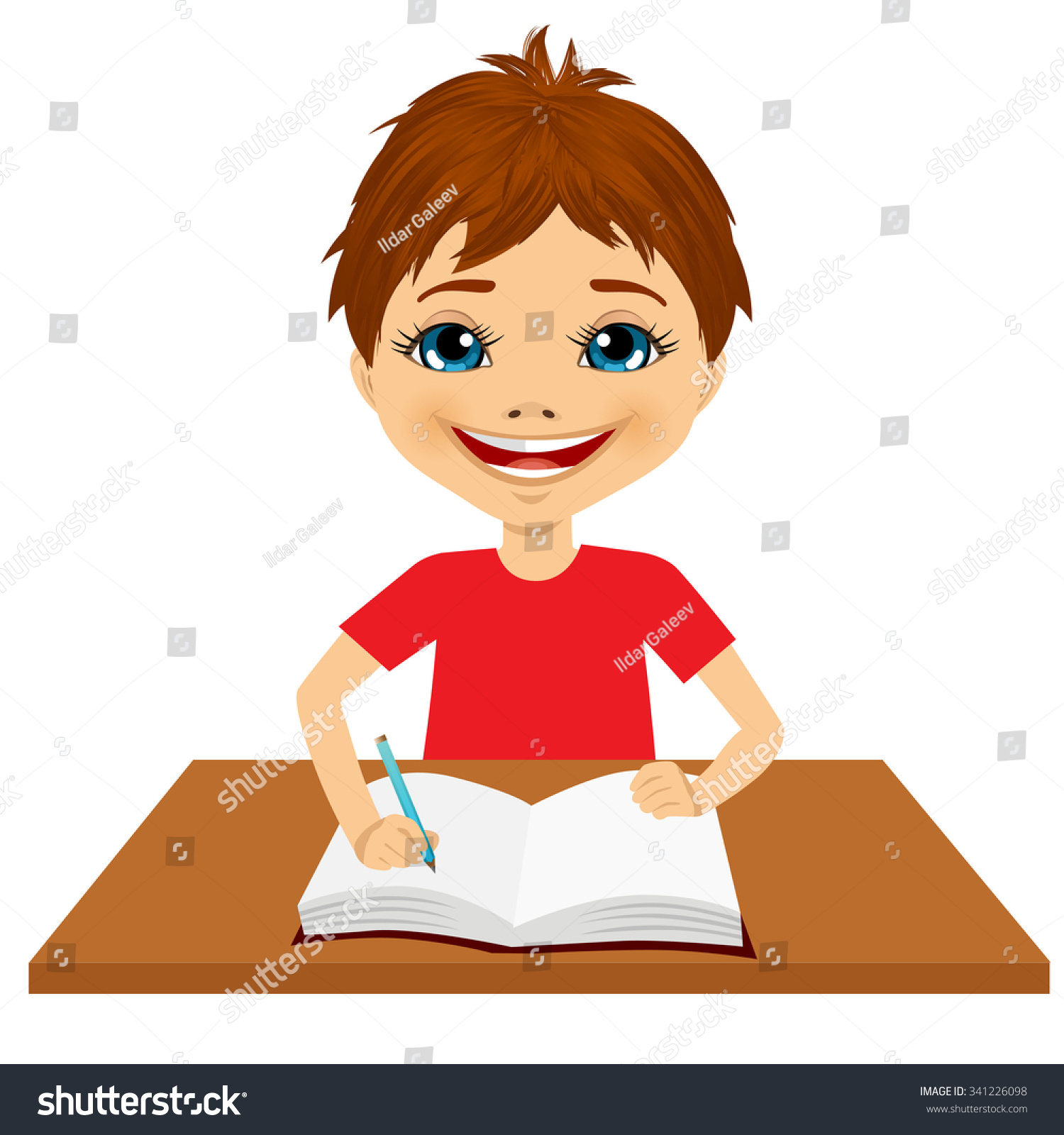 Portrait Of Cute Little Caucasian Student Boy Writing Something And ...