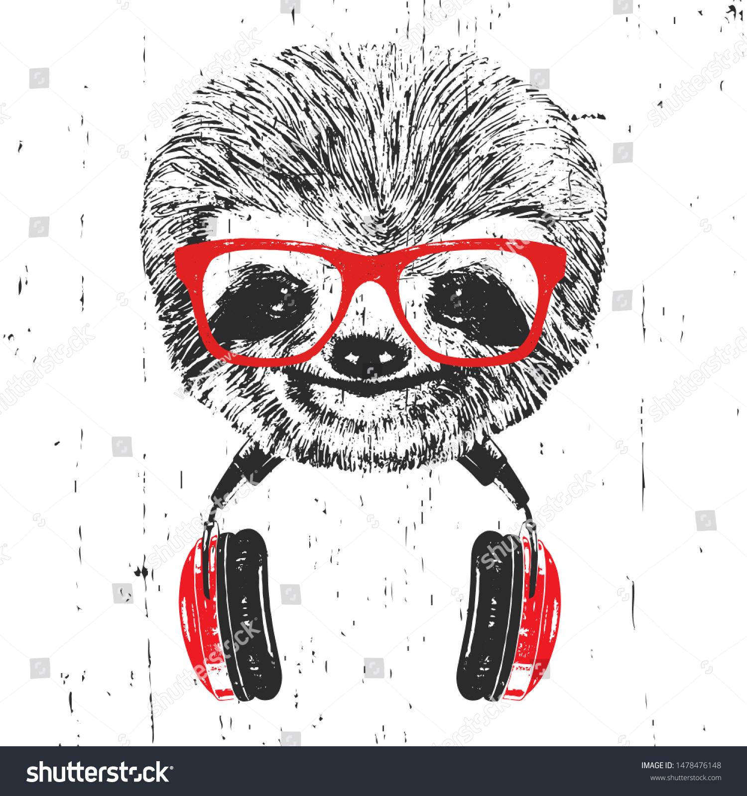 Portrait Sloth Glasses Headphones Handdrawn Illustration Stock Vector Royalty Free 1478476148 