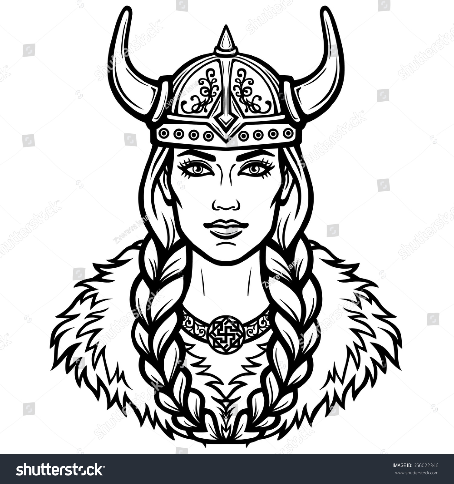 Portrait Beautiful Young Woman Valkyrie Pagan Stock Vector 