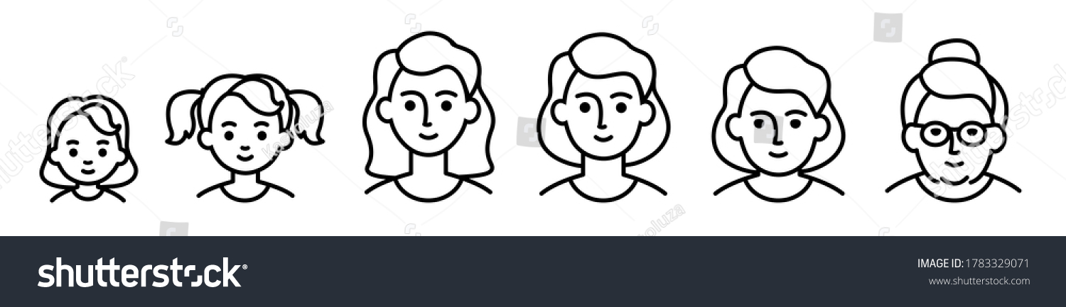 SVG of Portrait of woman at different ages, preschooler kid 1-5 years old, primary school age 6-9, senior school age 10-14, teenager 15-18, young man 19-30, average 40-50, elderly 60-80. black line icon svg