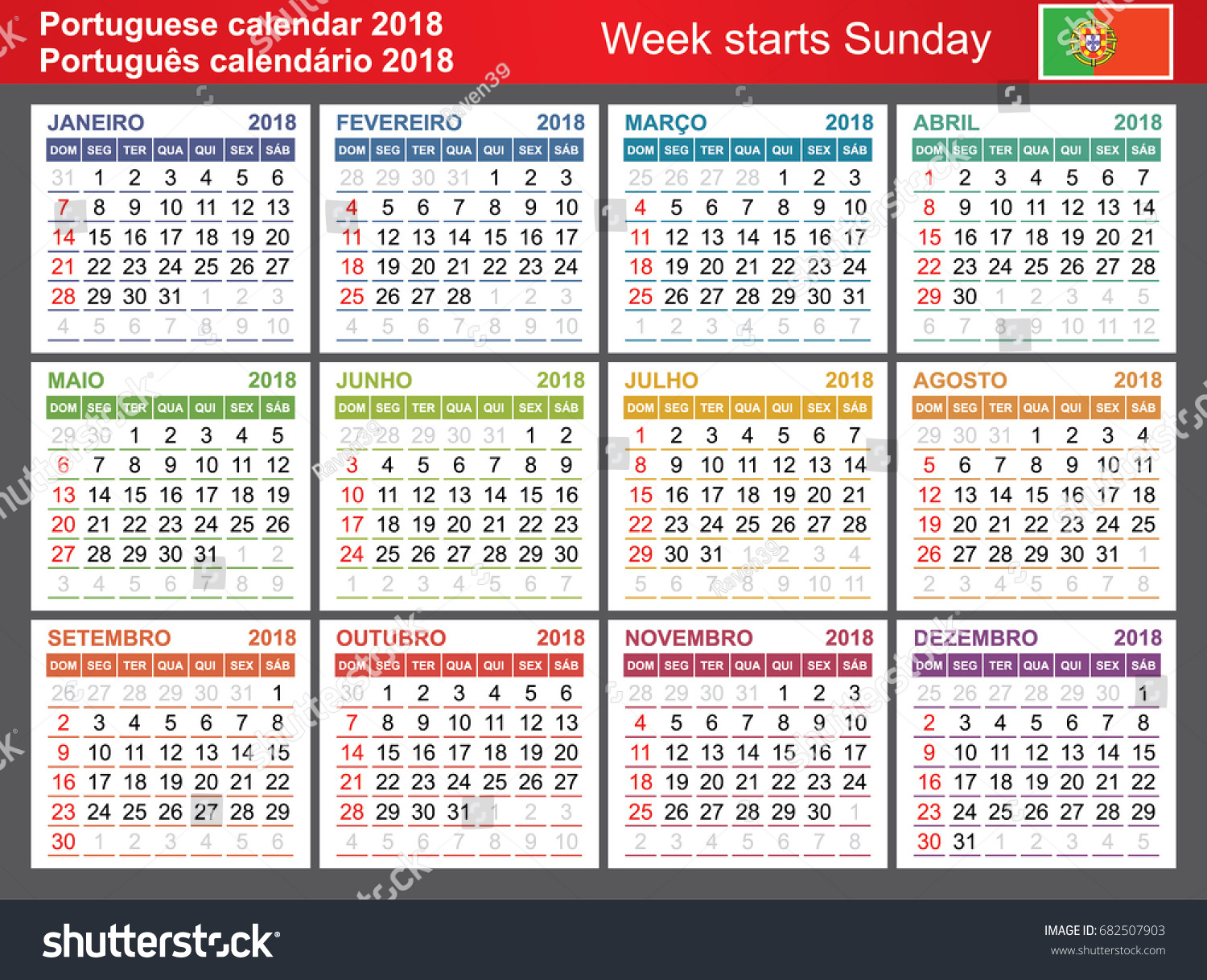 Portuguese Calendar 2018 Week Starts Sunday Stock Vector 682507903 ...