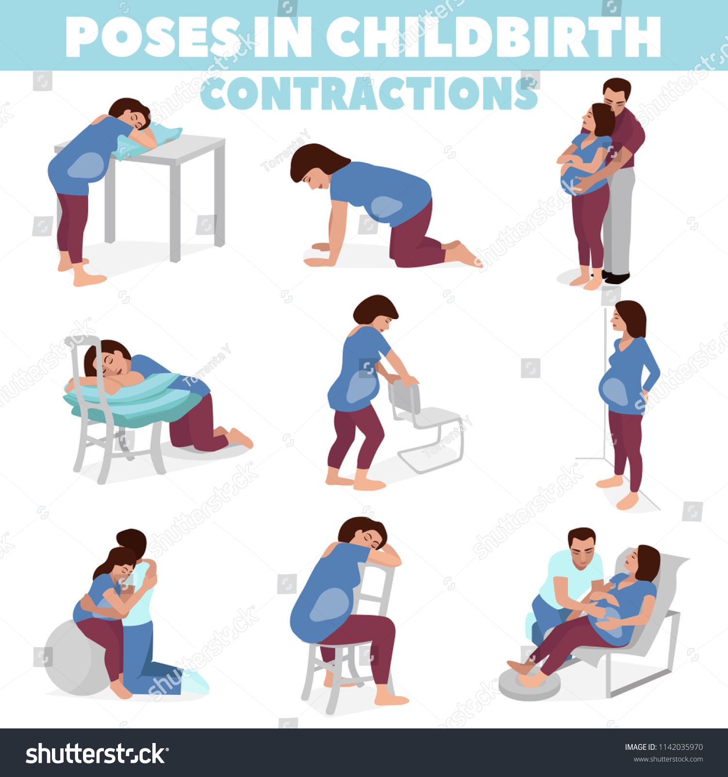 Poses Childbirth Birth Pains Relief Labor Stock Vector Royalty Free 1142035970