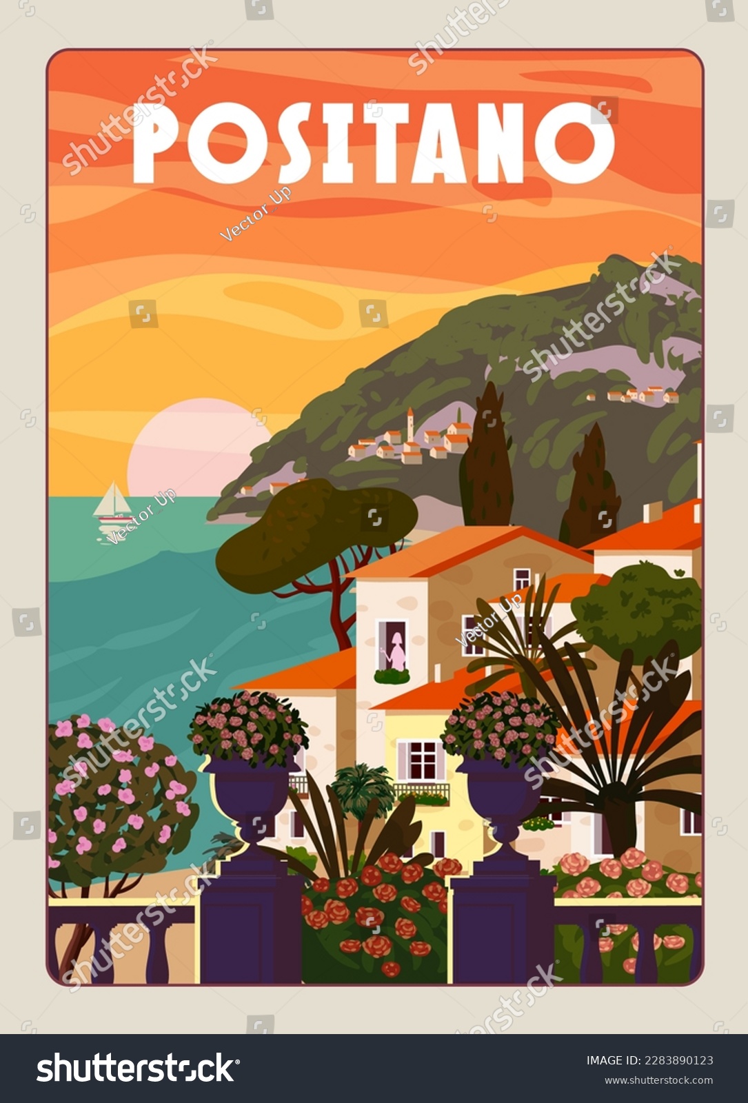SVG of Positano Coast Italy, mediterranean romantic landscape, mountains, seaside town, sea. Retro poster travel svg