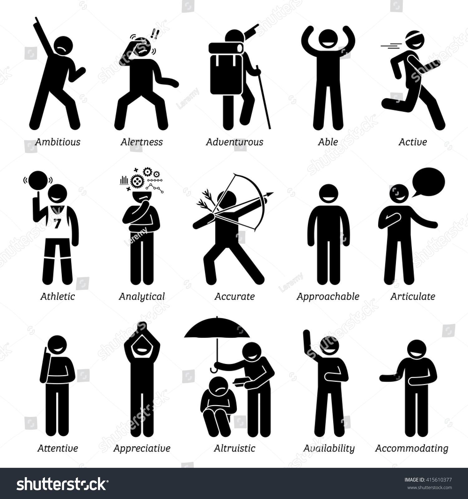 Positive Good Personalities Character Traits. Stick Figures Man Icons ...