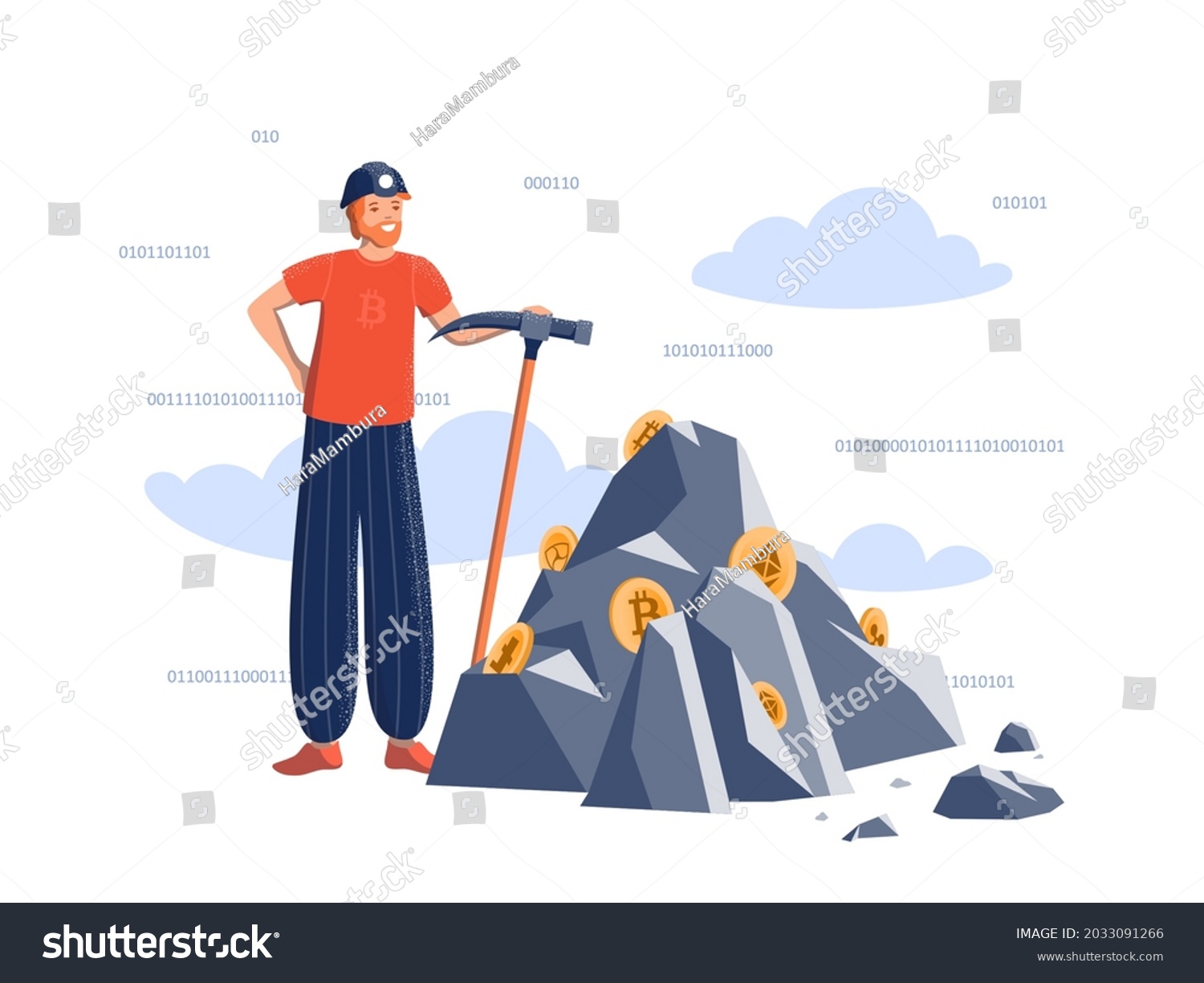 SVG of Positive man with a pickaxe in a miner's helmet near the mountain with crypto coins. Mining crypto currencies, exchange rates, mining farms, finance, blockchain, calculations in crypto currency. Vecto svg