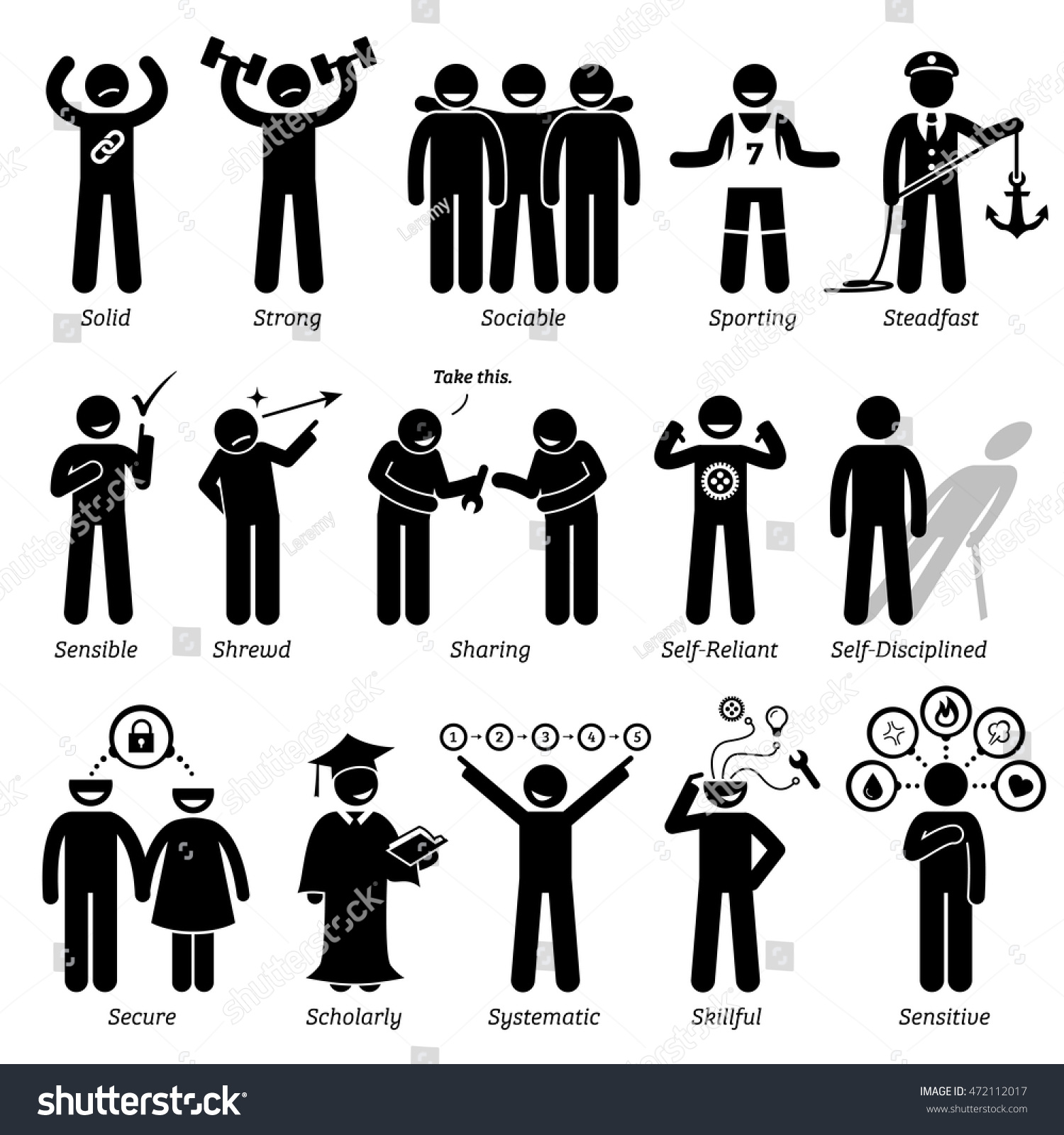 Positive Personalities Character Traits Stick Figures Stock Vector ...