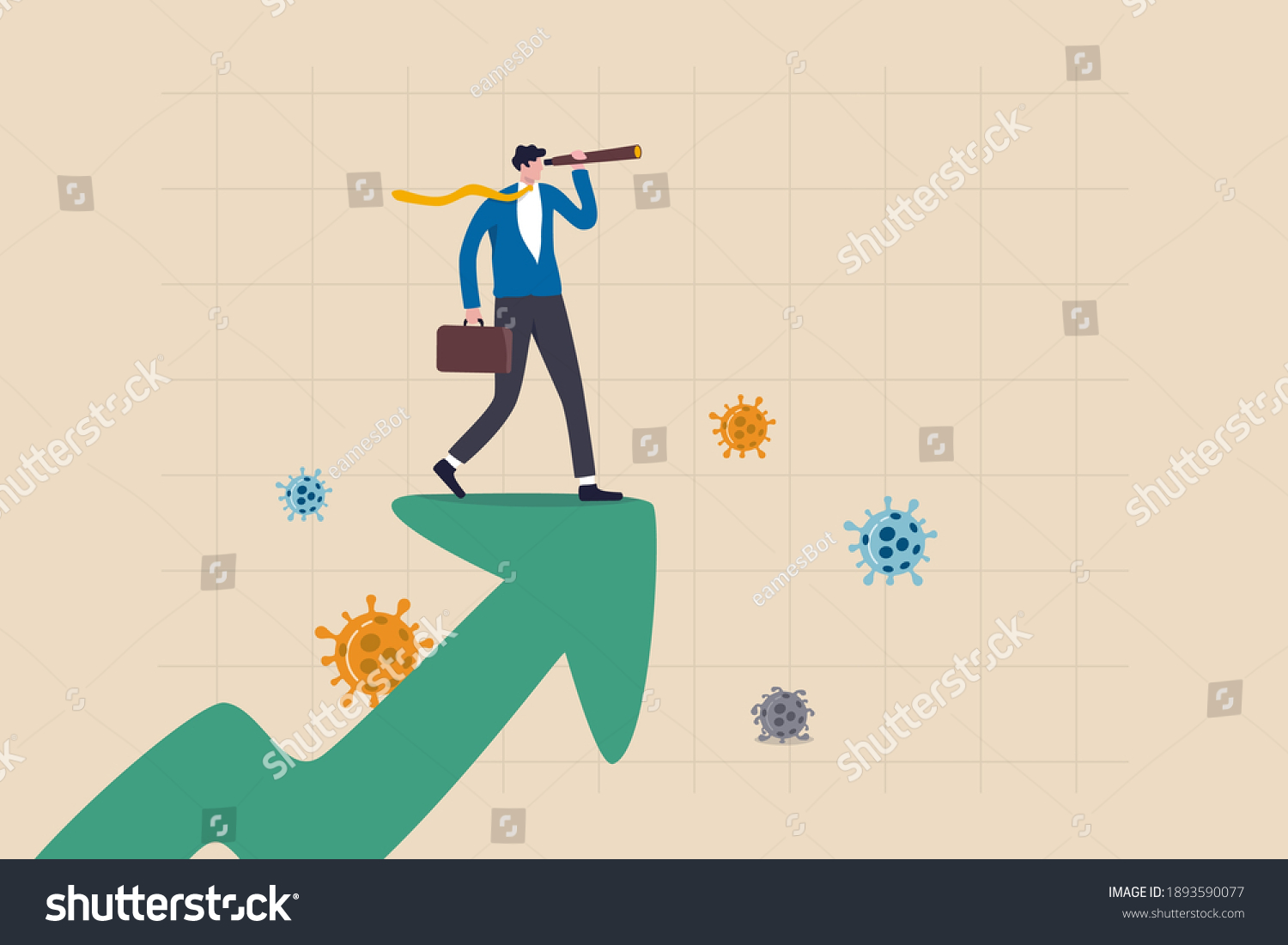 SVG of Post pandemic vision, economic outlook after Coronavirus COVID-19 crisis concept, smart businessman standing on upward rising growth graph using telescope to see the way forward with virus pathogen. svg