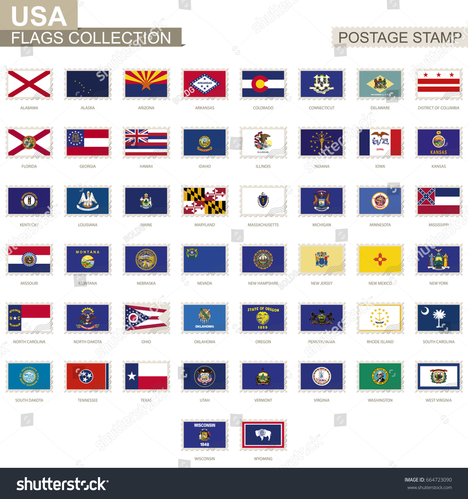 Postage Stamp Usa State Flags Set Stock Vector Royalty Free