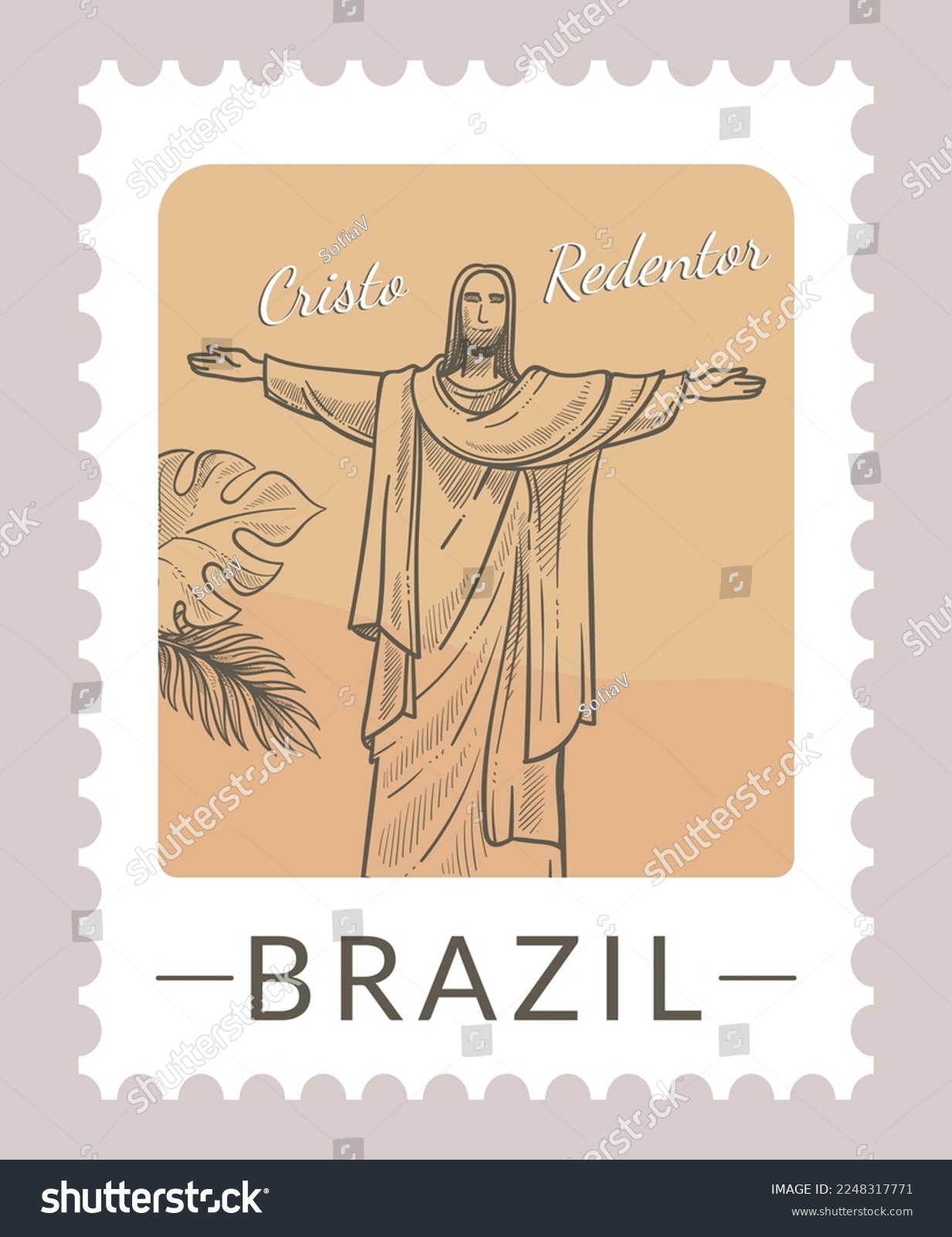 SVG of Postcard or postmark with statue of jesus christ. Cristo redentor cultural heritage of Brazil. Postal mark or card, mailing letter and correspondence. Monochrome sketch outline. Vector in flat style svg