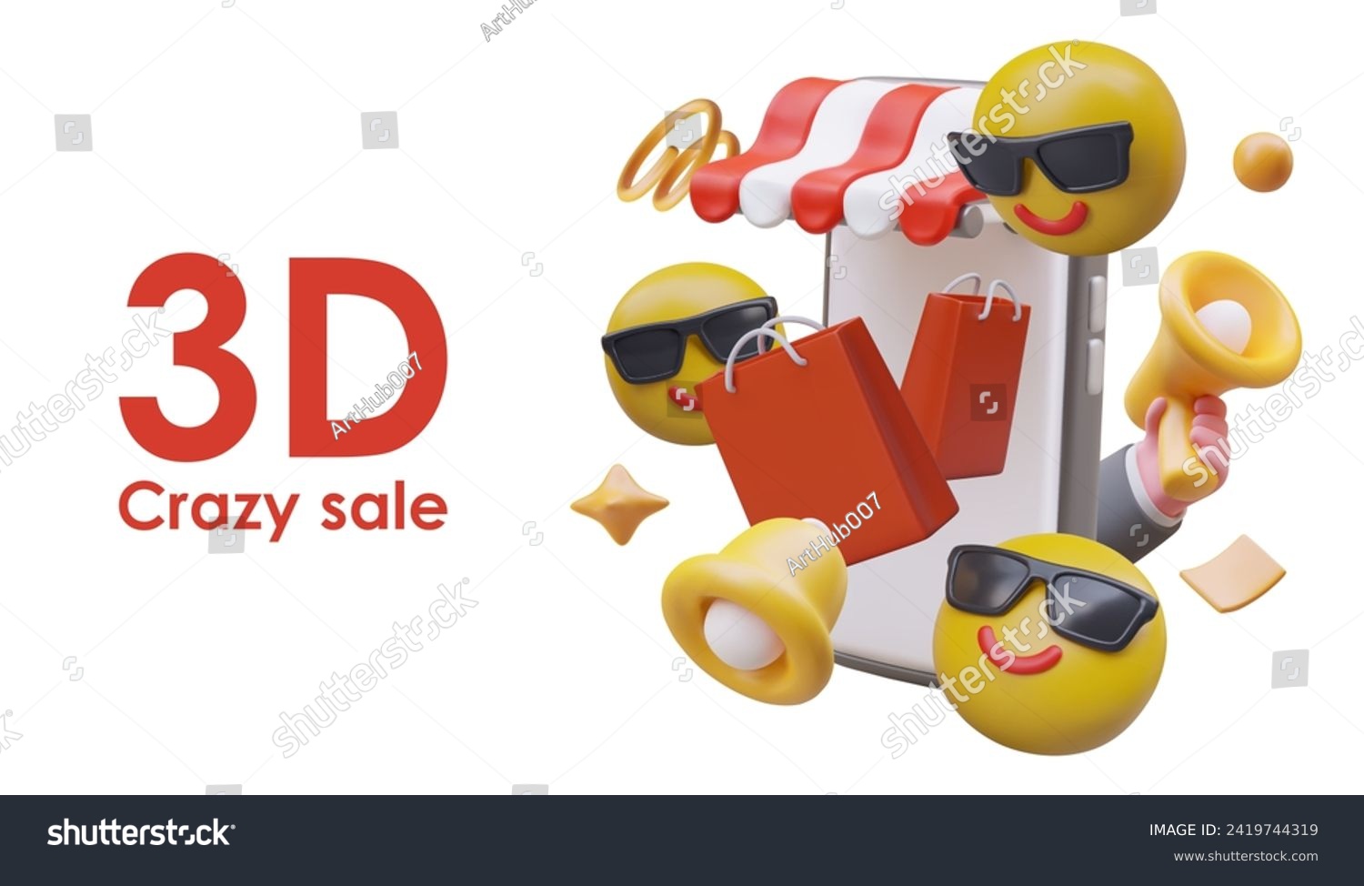 SVG of Poster for online store. Crazy sale. Modern smartphone with shopping bags, emoji with sunglasses svg