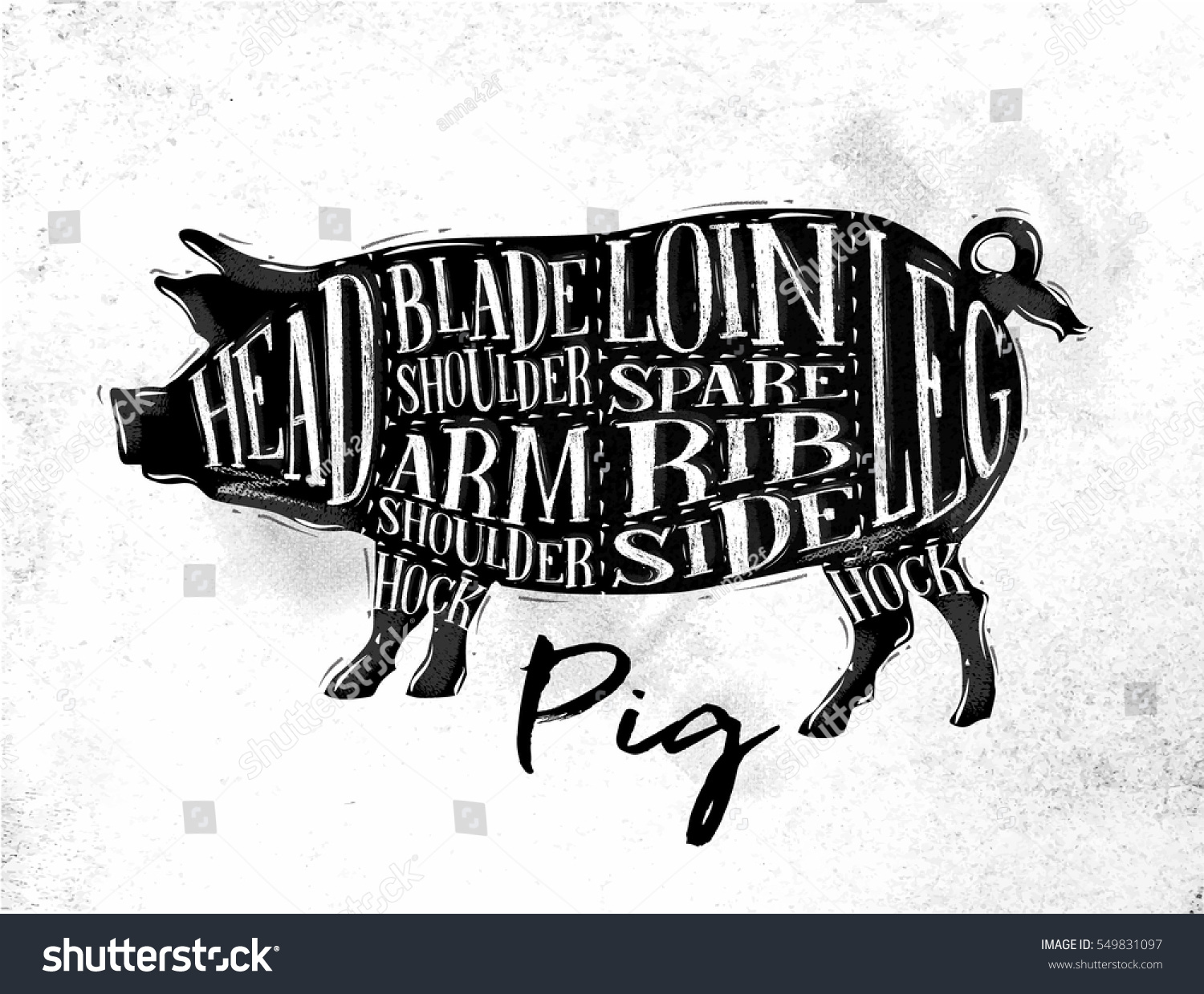 stock vector poster pig pork cutting scheme lettering head blade shoulder arm shoulder loin spare rib side 549831097