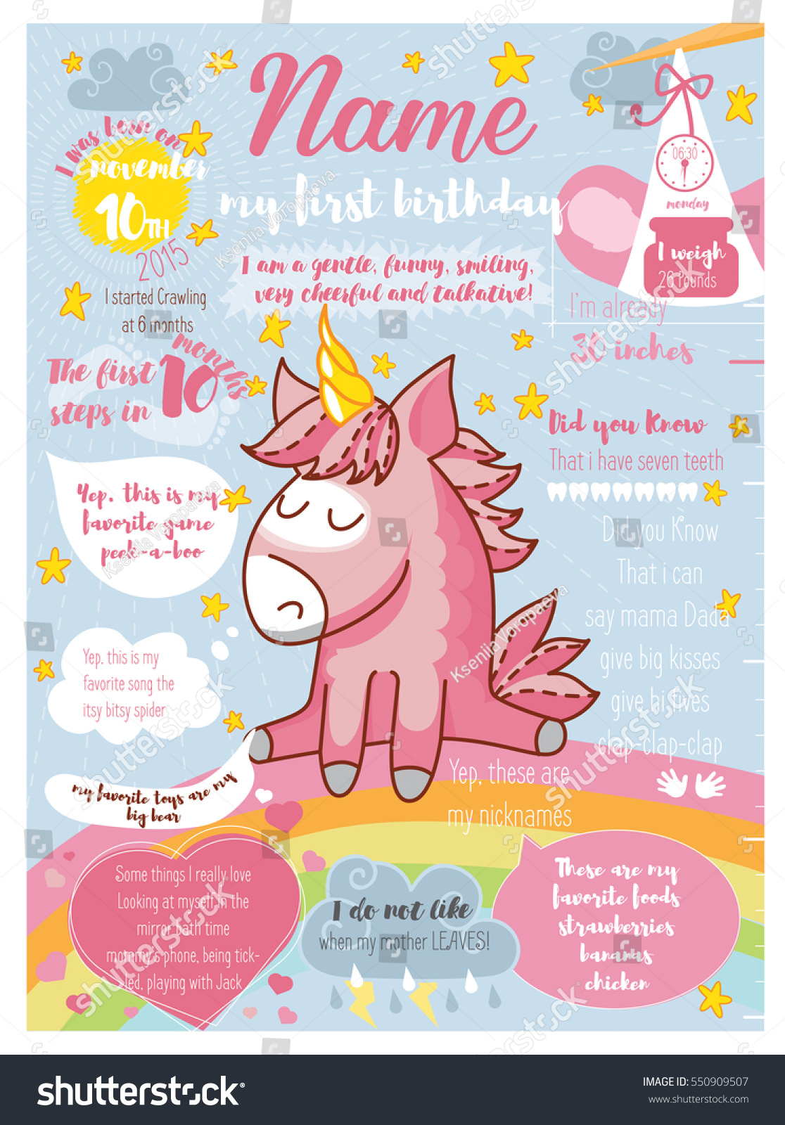 Download Posters First Birthday Unicorn On Rainbow Stock Vector ...