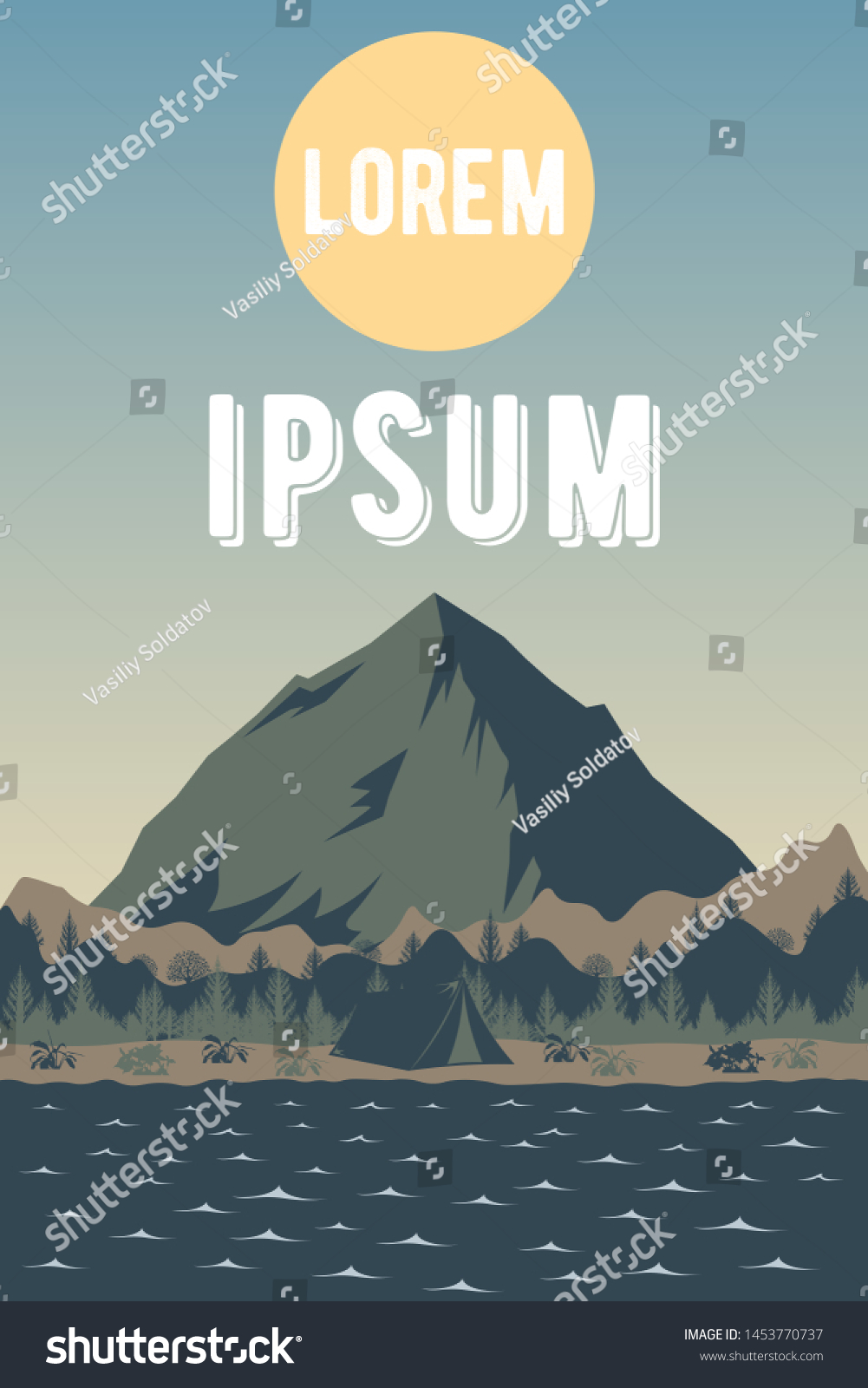 SVG of Poster template for a trip to the lake. Natural scenery with river, forest, hills, sun over a large mountain and a camp tent on the shore. Pattern with the travel landscape and outdoor recreation.  svg
